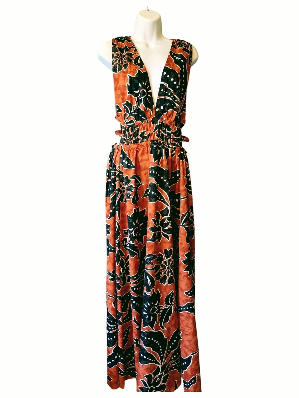 Indulge Rust and Black Floral Deep V Maxi Dress Side Cut Out Sz.XL - Picture 3 of 14